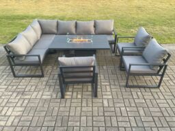 Fimous Aluminium Outdoor Garden Furniture Corner Sofa Gas Fire Pit Dining Table Sets Gas Heater Burner Dark Grey 9 Seater - thumbnail 2
