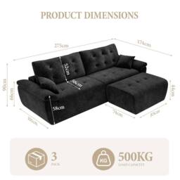 Dprodo 275CM Chenille 4 Seater Sofa, L Shaped Deep Modular Sectional Couches in Black - Size: 3 Pack - thumbnail 2