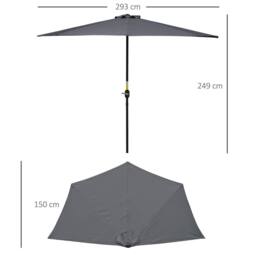 OUTSUNNY 2.3m Half Round Parasol Umbrella Balcony Metal Frame w/ Crank NO BASE in Grey - thumbnail 3