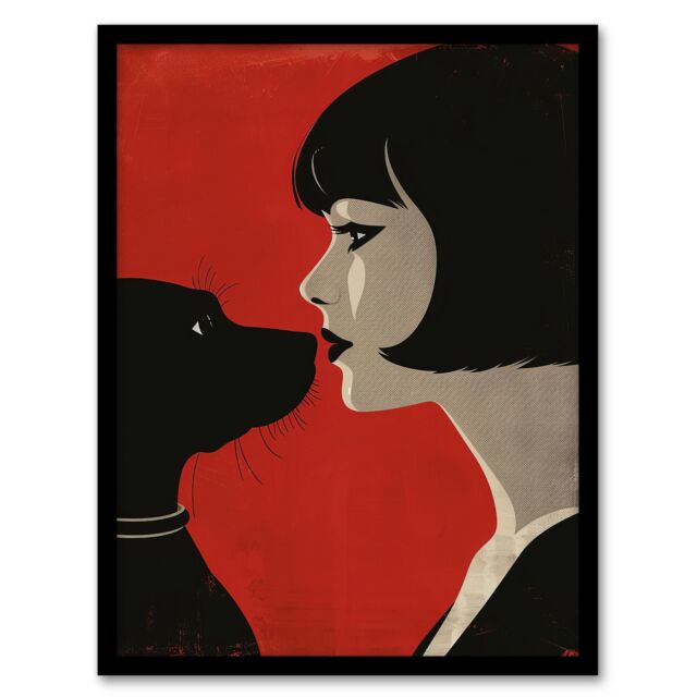 "Artery8 Black Dog Lover Lady & Pet Bold Red Retro Style Framed Wall Art - Size: W12"" x H16""" - image 1