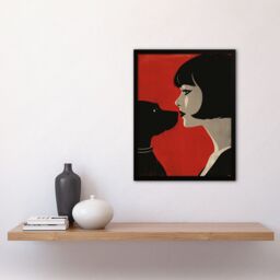 "Artery8 Black Dog Lover Lady & Pet Bold Red Retro Style Framed Wall Art - Size: W12"" x H16""" - thumbnail 4