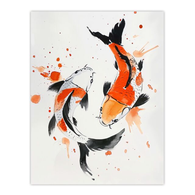 "Artery8 Two Koi Carp Fish Orange Black Watercolour Wall Art Print - Size: W12"" x H16""" - image 1