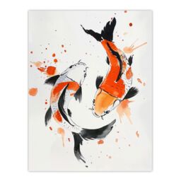 "Artery8 Two Koi Carp Fish Orange Black Watercolour Wall Art Print - Size: W12"" x H16""" - thumbnail 1