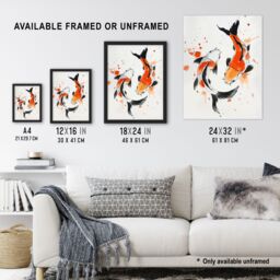 "Artery8 Two Koi Carp Fish Orange Black Watercolour Wall Art Print - Size: W12"" x H16""" - thumbnail 3