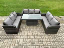Fimous Patio Garden Dining Set Outdoor Rattan Furniture Lounge Sofa Height Adjustable Rising lifting Table in Dark Grey - thumbnail 1
