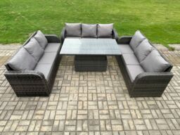Fimous Patio Garden Dining Set Outdoor Rattan Furniture Lounge Sofa Height Adjustable Rising lifting Table in Dark Grey - thumbnail 2