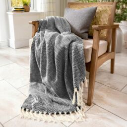 Allure Bath Fashions Chevron Herringbone Sofa Throw Blanket - 100% Cotton in Charcoal - Size: 150 cm x 200 cm - thumbnail 1