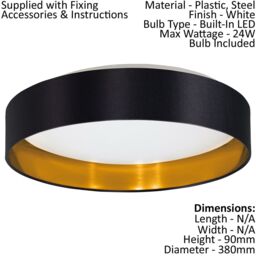 Loops Flush Ceiling Light Colour White Shade Black Gold Fabric Bulb LED 24W Included - thumbnail 2