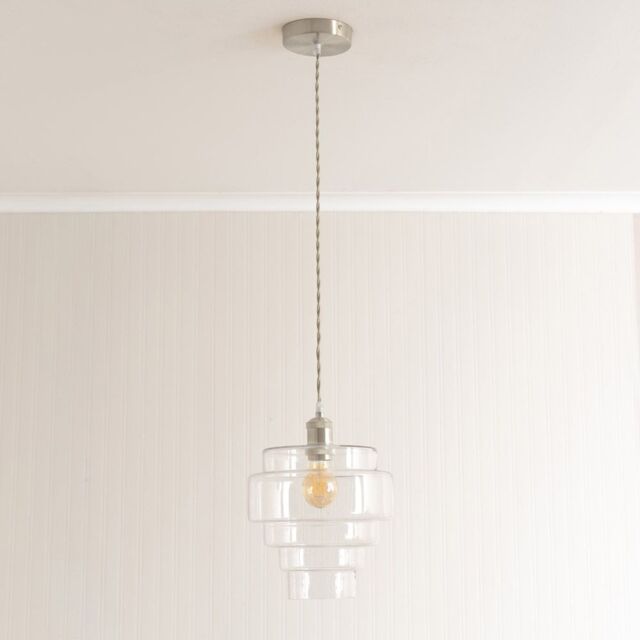 ValueLights Lane Glass 5 Tier Shade Brushed Chrome Ceiling Pendant Light & Bulb in Clear - image 1