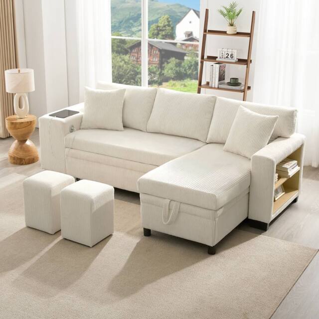 Merax L-Shaped Convertible Corner Sofa Bed with 2 Ottomans & USB Ports in Beige - image 1