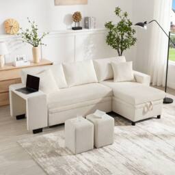 Merax L-Shaped Convertible Corner Sofa Bed with 2 Ottomans & USB Ports in Beige - thumbnail 3