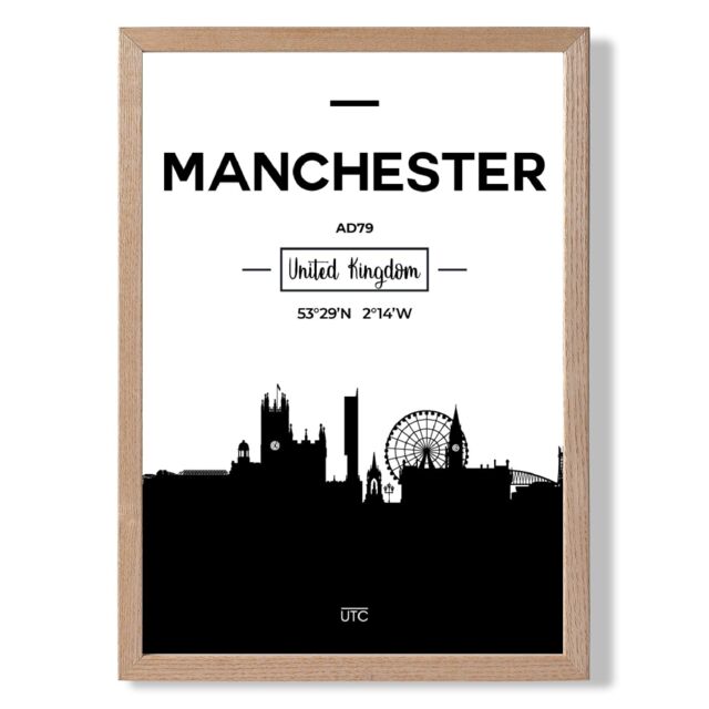 ARTZE Manchester Black & White City Skyline Framed Print SIZE: A3 with Oak Frame - Size: A2 - image 1