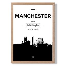 ARTZE Manchester Black & White City Skyline Framed Print SIZE: A3 with Oak Frame - Size: A2 - thumbnail 1