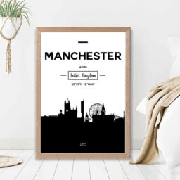 ARTZE Manchester Black & White City Skyline Framed Print SIZE: A3 with Oak Frame - Size: A2 - thumbnail 2