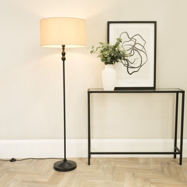 ValueLights Maggie Black Metal Candlestick Floor Lamp with Fabric Lamp Shade in Natural - image 1