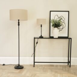 ValueLights Maggie Black Metal Candlestick Floor Lamp with Fabric Lamp Shade in Natural - thumbnail 4