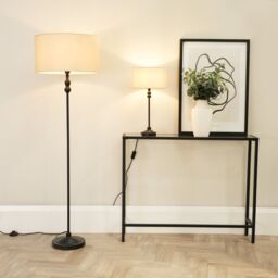 ValueLights Maggie Black Metal Candlestick Floor Lamp with Fabric Lamp Shade in Natural - thumbnail 5