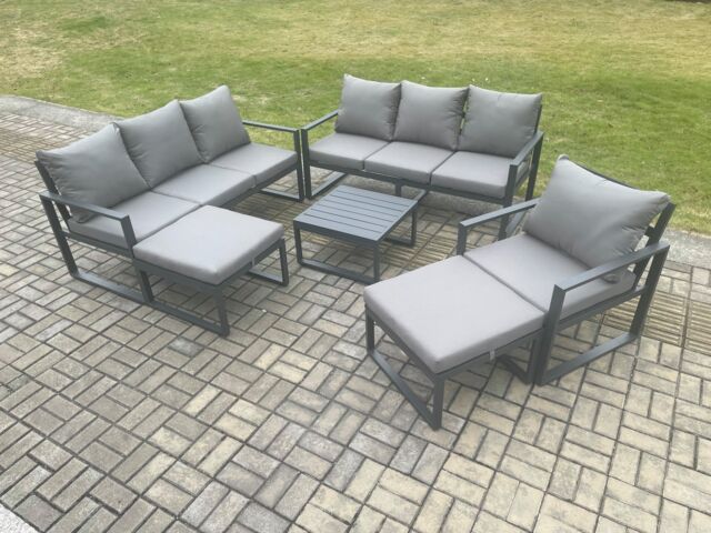 Fimous Aluminium Outdoor Lounge Sofa Set Garden Furniture Sets with Square Coffee Table Chair 2 Big Footstools Dark Grey - image 1