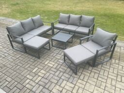 Fimous Aluminium Outdoor Lounge Sofa Set Garden Furniture Sets with Square Coffee Table Chair 2 Big Footstools Dark Grey - thumbnail 1