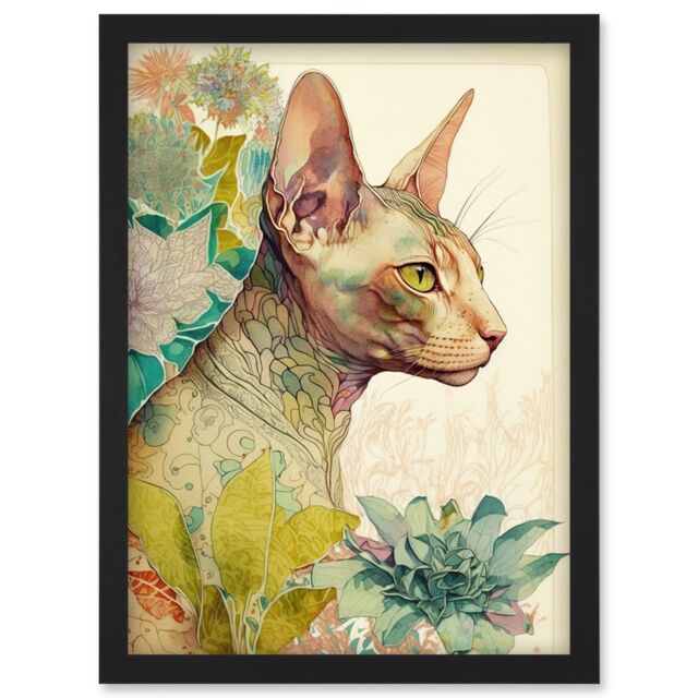 Artery8 Sphynx Cat with Floral Tattoo in Flower Blooms Colourful Modern Watercolour Illustration Artwork Framed Wall Art Print A4 in Black - image 1