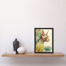 Artery8 Sphynx Cat with Floral Tattoo in Flower Blooms Colourful Modern Watercolour Illustration Artwork Framed Wall Art Print A4 in Black - thumbnail 2