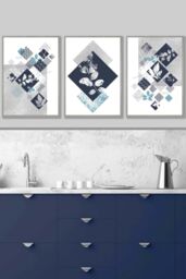 ARTZE Set of 3 Light Grey Framed Graphical Abstract Floral Navy Blue Grey Wall Art - Size: W33 cm x H45 cm x D20mm - thumbnail 1