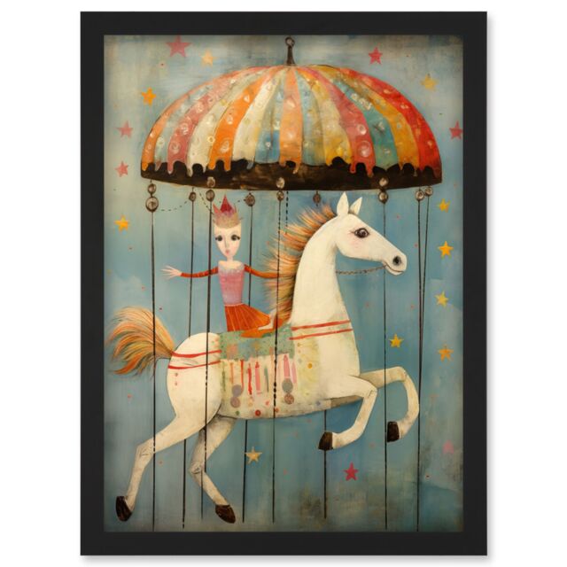 Artery8 Wall Art Print Folk Art Whimsical Carousel Fairground Kids Girls Bedroom Artwork Soft Pastel Horse Artwork Framed A4 in Black - image 1