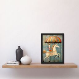 Artery8 Wall Art Print Folk Art Whimsical Carousel Fairground Kids Girls Bedroom Artwork Soft Pastel Horse Artwork Framed A4 in Black - thumbnail 2