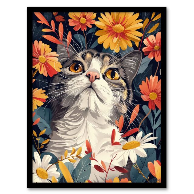 Artery8 Wall Art Print Cat in Wildflowers Painting Animal Lover Floral Art Framed Poster in Black - Size: A4 - image 1