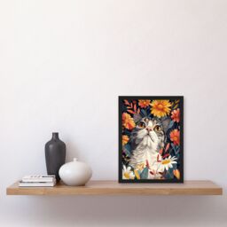 Artery8 Wall Art Print Cat in Wildflowers Painting Animal Lover Floral Art Framed Poster in Black - Size: A4 - thumbnail 4