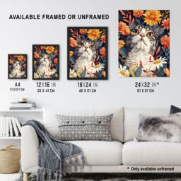 Artery8 Wall Art Print Cat in Wildflowers Painting Animal Lover Floral Art Framed Poster in Black - Size: A4 - thumbnail 3