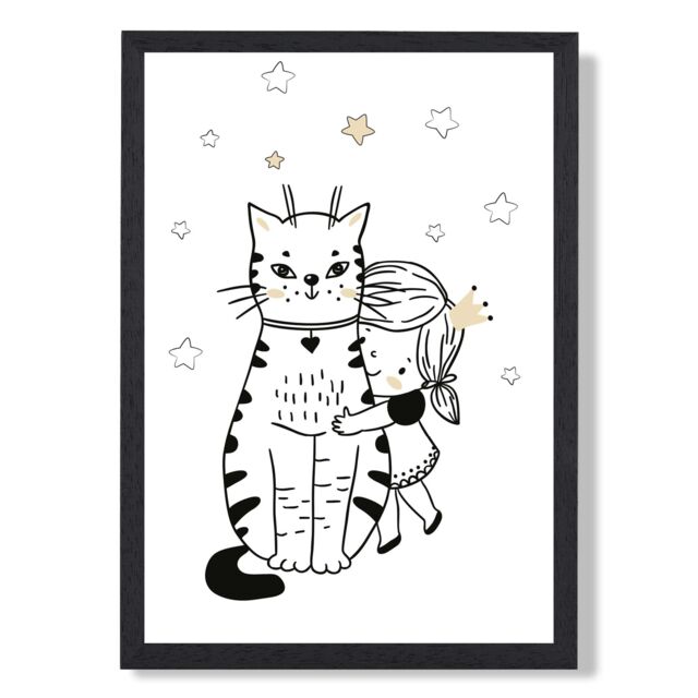 ARTZE Scandi Princess Little Hugging Cat Framed Print SIZE: A4 with Black Frame - image 1