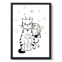 ARTZE Scandi Princess Little Hugging Cat Framed Print SIZE: A4 with Black Frame - thumbnail 1