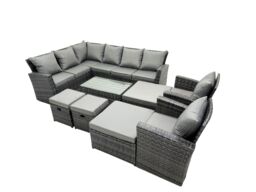 Fimous 12 Seat Rattan High Back Corner Sofa Set Patio Coffee Table Sets in Dark Grey - thumbnail 2