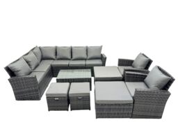 Fimous 12 Seat Rattan High Back Corner Sofa Set Patio Coffee Table Sets in Dark Grey - thumbnail 1