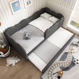 STILVORA 3ft Single Daybed with Pull-Out Trundle in Grey Linen - thumbnail 3