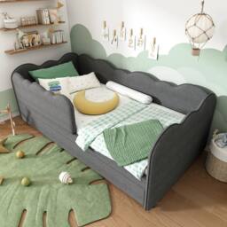 STILVORA 3ft Single Daybed with Pull-Out Trundle in Grey Linen - thumbnail 2
