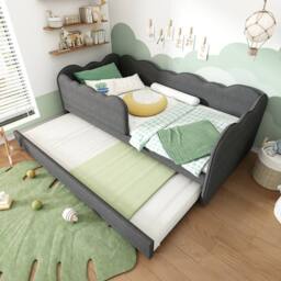 STILVORA 3ft Single Daybed with Pull-Out Trundle in Grey Linen