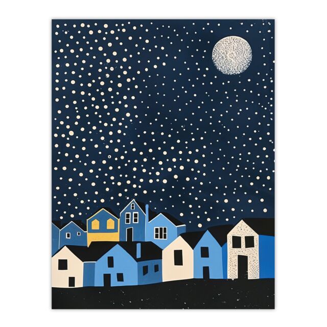 "Artery8 Full Moon Starry Night Over Town Graphic Design Wall Art Print in Blue - Size: W18"" x H24""" - image 1