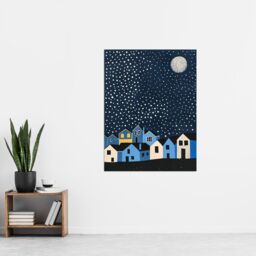 "Artery8 Full Moon Starry Night Over Town Graphic Design Wall Art Print in Blue - Size: W18"" x H24""" - thumbnail 4