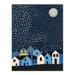 "Artery8 Full Moon Starry Night Over Town Graphic Design Wall Art Print in Blue - Size: W18"" x H24""" - thumbnail 1