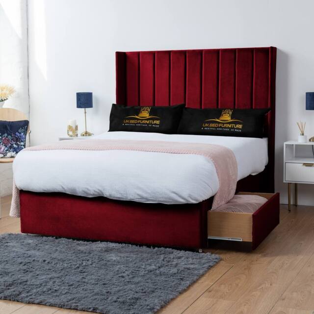 UK Bed Furniture Bella Wingback Divan Bed with 2 Drawers Foot End & 54 Inch headboard in Maroon - Size: Small Double - image 1