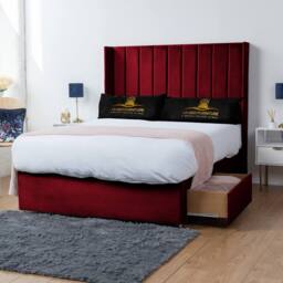 UK Bed Furniture Bella Wingback Divan Bed with 2 Drawers Foot End & 54 Inch headboard in Maroon - Size: Small Double - thumbnail 1