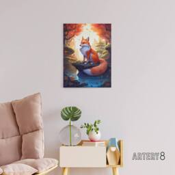 "Artery8 Kitsune Fox in Japanese Temple Forest Canvas Wall Art Print in Orange - Size: W18"" x H24""" - thumbnail 3