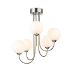 Netlighting Lyndon 5 Light Globe Flush Fitting Brushed Steel with Opal White Glass in Grey