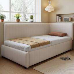 STILVORA 3ft Single Upholstered Bed with Side Rails & Headboards in Beige - thumbnail 2