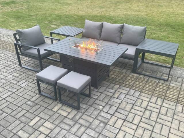 Fimous Aluminium 7 Pieces Garden Furniture Sofa Set with Cushions Gas Fire Pit Dining Table Set with 2 Small Footstools 2 Side Tables Dark Grey - image 1