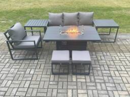 Fimous Aluminium 7 Pieces Garden Furniture Sofa Set with Cushions Gas Fire Pit Dining Table Set with 2 Small Footstools 2 Side Tables Dark Grey - thumbnail 2