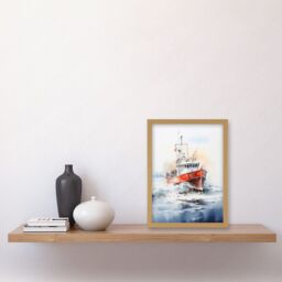Artery8 Wall Art Print Trawler Fishing Boat Watercolour Painting Red Blue Rough Sea Fishermen Waves Seascape Artwork Framed A4 in Light Oak - thumbnail 2