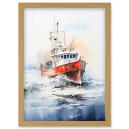 Artery8 Wall Art Print Trawler Fishing Boat Watercolour Painting Red Blue Rough Sea Fishermen Waves Seascape Artwork Framed A4 in Light Oak - thumbnail 1